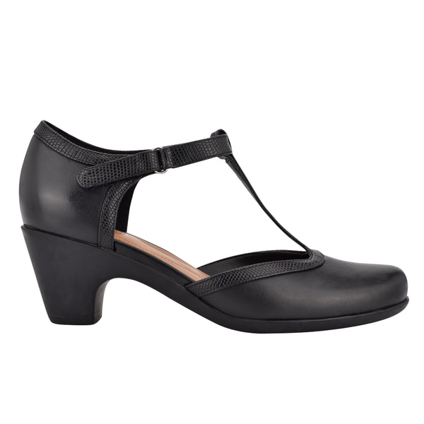 Easy Spirit Cara T-Strap Heels Black Leather