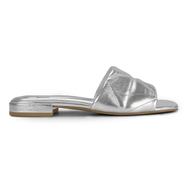 Easy Spirit Quincie Flat Slide Sandals Silver Leather